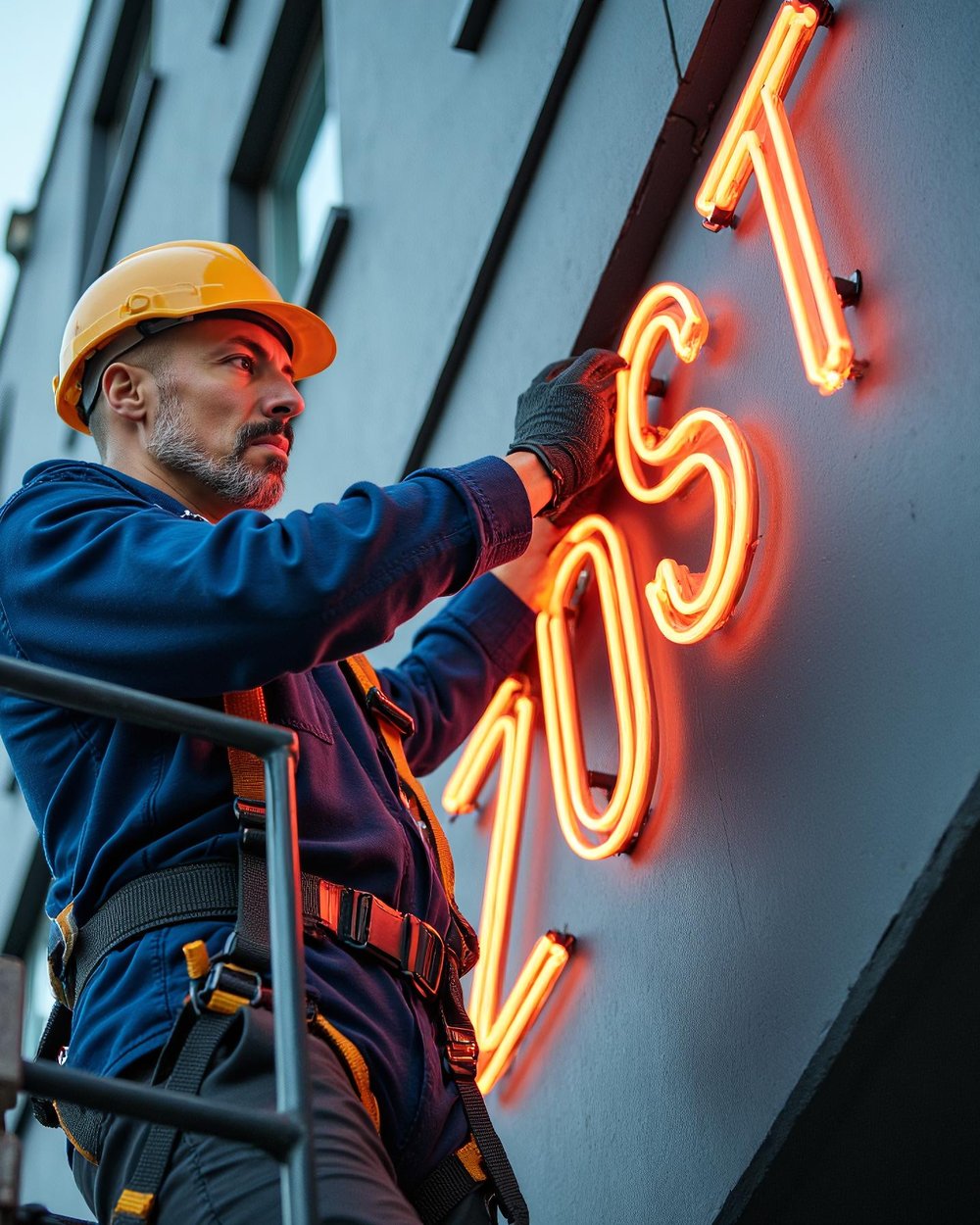 Donatello Molteni, titolare di INSEGNE BRESCIA, installa un'insegna al neon sulla facciata
