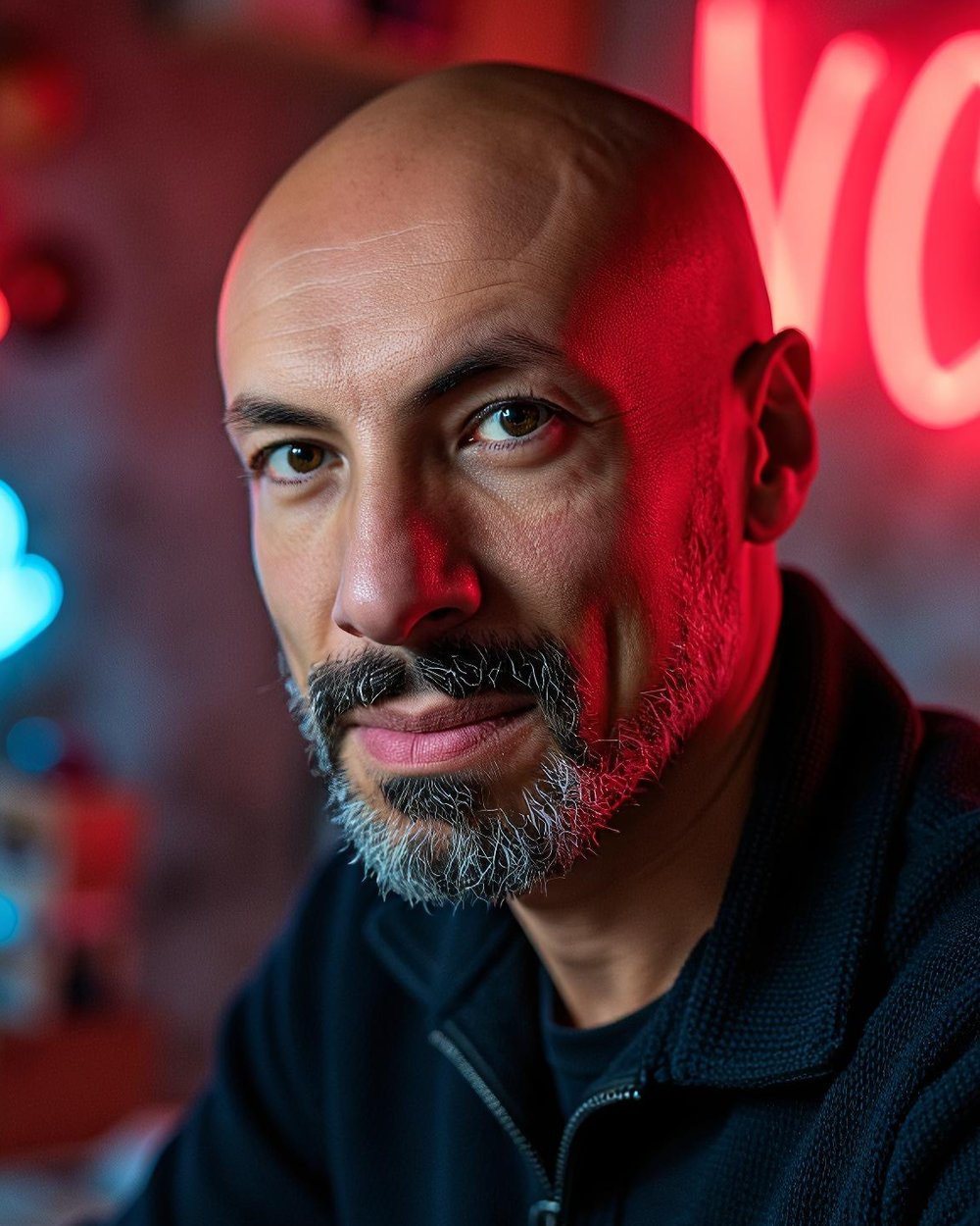 Donatello Molteni, titolare di INSEGNE BRESCIA, ritratto in primo piano con insegne al neon alle spalle